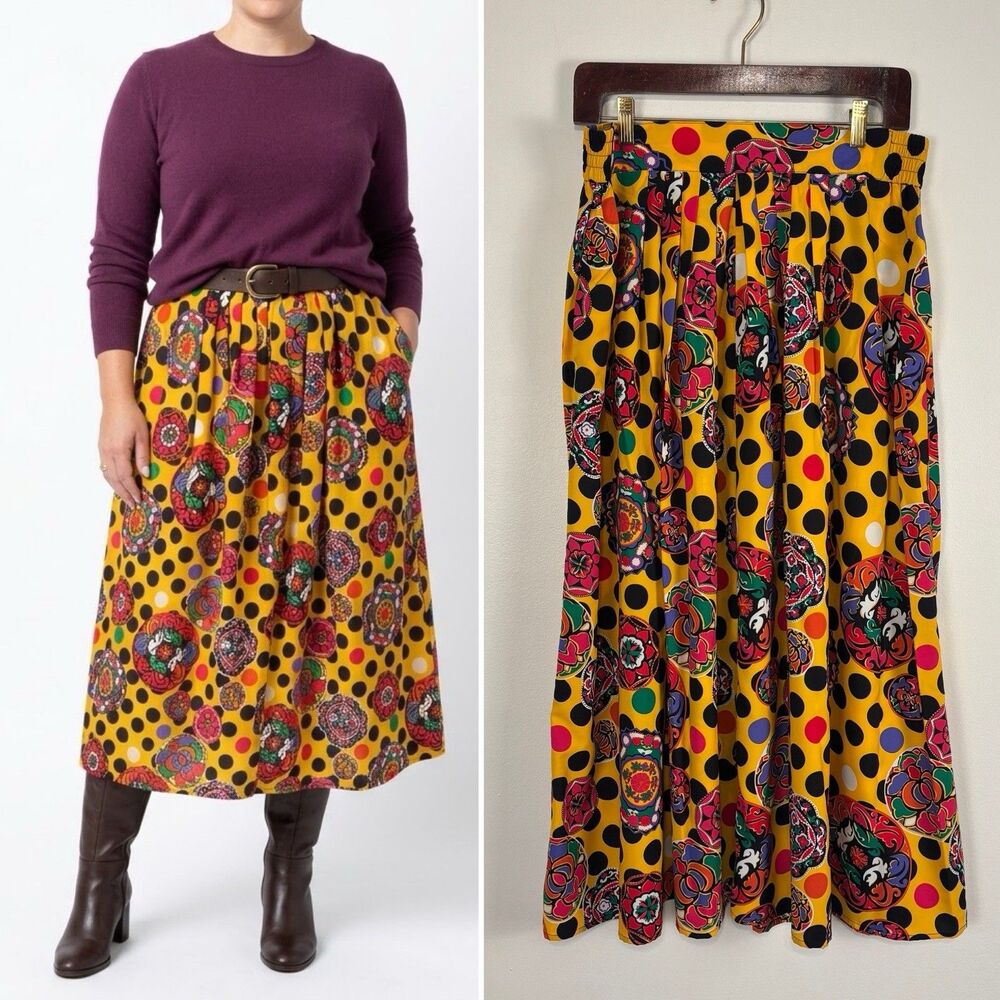 VTG 90s Howard Wolf Skirt 14 Yellow Polka Dot Paisley Mandala Midi USA Pockets